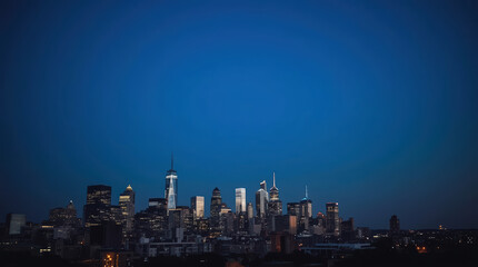 Fototapeta premium Modern city skyline at blue hour with illuminated skyscraper silhouette