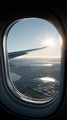 Fototapeta premium Airplane wing framing a scenic view of a coastal city, reflecting sun flare over lakes and mountains, representing journey, freedom, and the joy of travel
