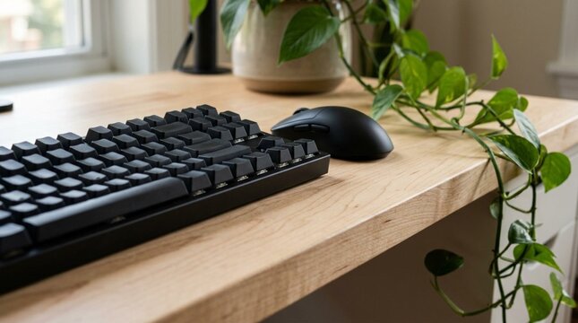 Black mechanical keyboard and wireless mouse sit on a light wooden desk beside trailing green houseplants, ideal for home office, productivity, or workspace design content.