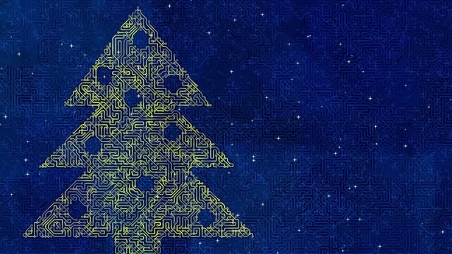 vibrant golden circuit board Christmas tree glows elegantly on a dark blue tech style starry night background, loopable animation