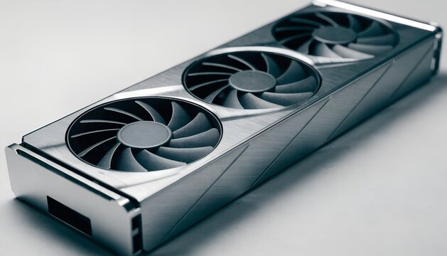 High Performance Modern Graphics Processing Unit With Triple Cooling Fans And A Brushed Metal Shroud Isolated On A Plain Grey Background For Computer Hardware Technology