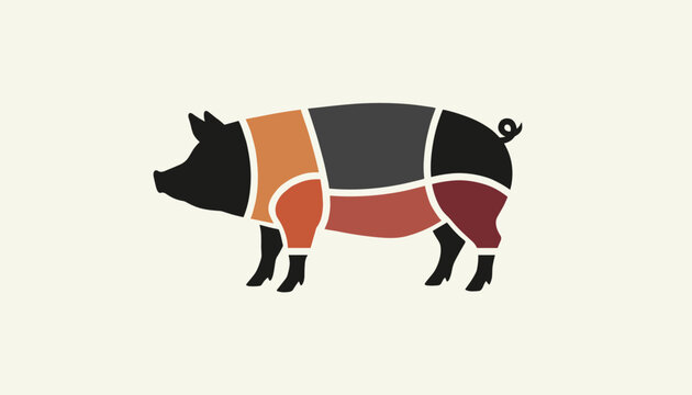 Butcher diagram of a pig silhouette showing different meat cuts and portions in various colored sections on a plain background.