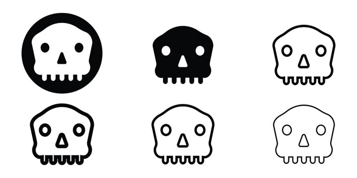 Monochrome skull icon set featuring simple line art and solid black vector silhouettes.