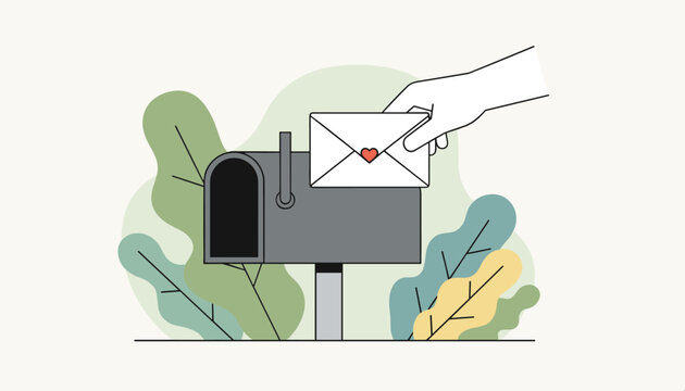 Hand placing a love letter into a classic mailbox in a garden setting, symbolizing romance, communication, and traditional mail.