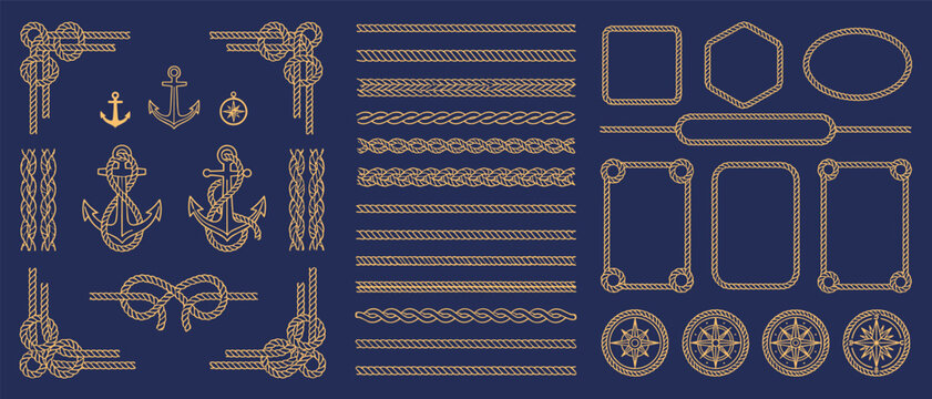 Nautical Rope Frame Set with Anchor, Compass and Sailor Knots, Vector Marine Border Collection for Travel and Ocean Themed Design