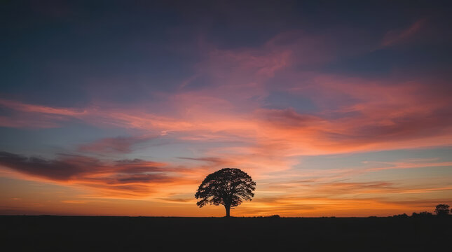 Lone oak tree sunset silhouette serene sky colors