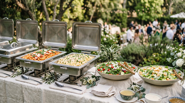 Outdoor buffet catering with pasta and salads at a wedding reception