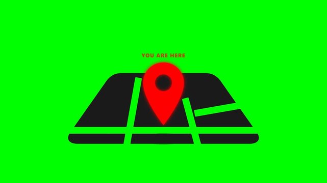 Map Navigation Icon with Red Location Pin and You Are Here Text on Green Screen Background for Video Editing