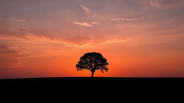 Lone tree silhouette sunset horizon minimalist landscape calm