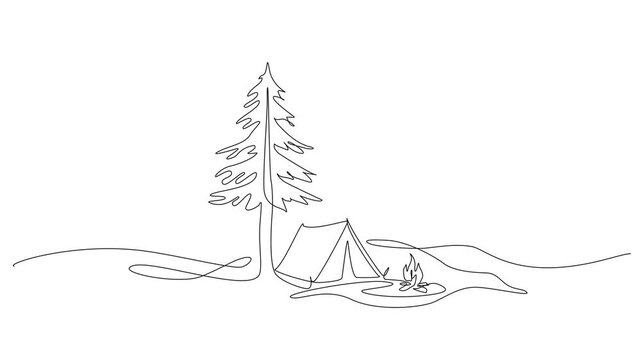 animated continuous line drawing of a camping scene with pine tree, tent, and campfire, minimalist outdoor nature adventure concept, line art animation