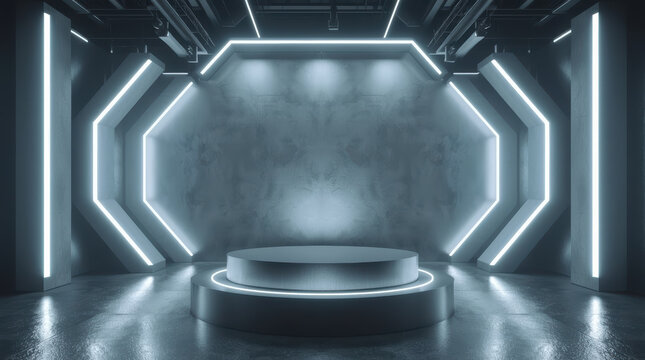 Futuristic metallic podium minimalist stage with cool neon lighting and dramatic mood