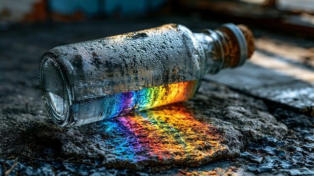 Rainbow Prism Light on Wet Glass Bottle - Vibrant Spectrum on Dark Ground