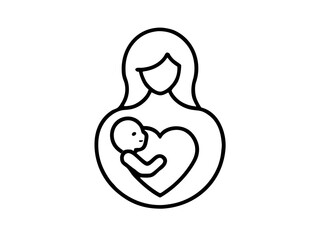 A minimalist line art illustration of a mother holding her baby within a heart shape