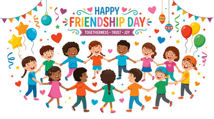 Fototapeta premium Diverse group of children holding hands in a circle celebrating friendship.