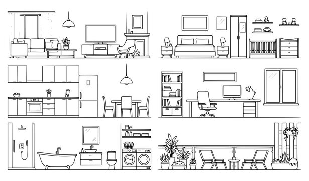 Home Interior Rooms Vector Illustration Set with Living Room Bedroom Kitchen Office Bathroom and Balcony Furniture Line Art Outline Design