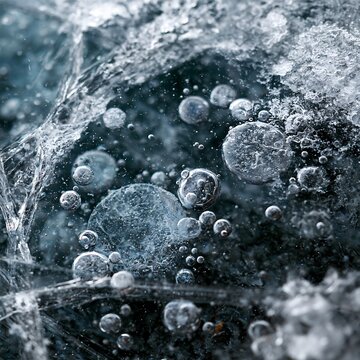 Frozen air bubbles trapped in ice create a beautiful winter background