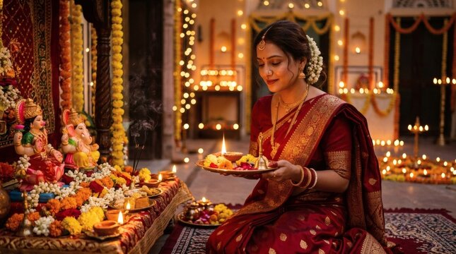 Woman in Saree Performing Diwali Puja with Diyas and Ganesha Idol