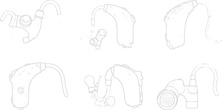 Hearing aid device silhouettes technical illustration of modern cochlear implant technology