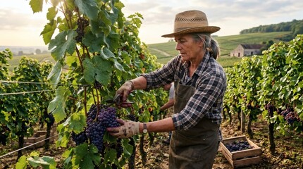 Obraz premium Farmer harvesting grapes in a vineyard at sunset
