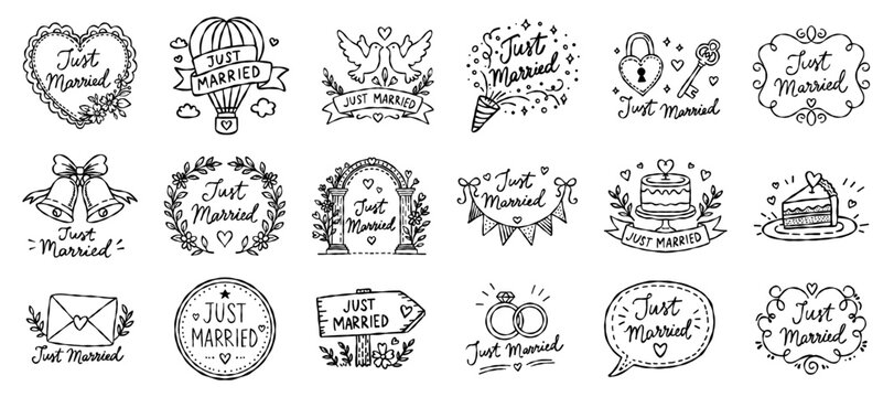 Collection of Just Married doodles with rings, banners, cake, doves, hearts and floral frames in a clean outline style for romantic wedding celebrations. Vector illustration.