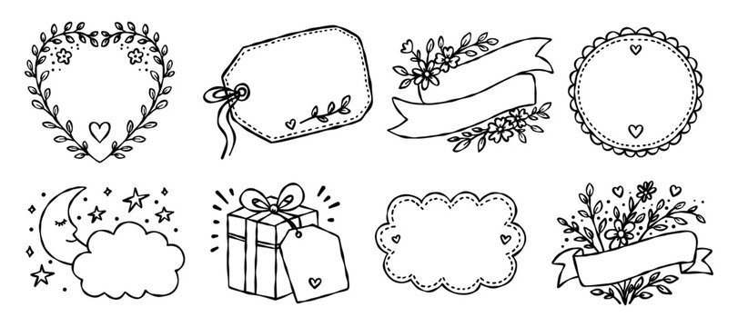 Collection of blank wedding frames, floral banners, gift tags, clouds and heart wreaths in a clean outline style for romantic wedding celebrations with elegant charm. Vector illustration.
