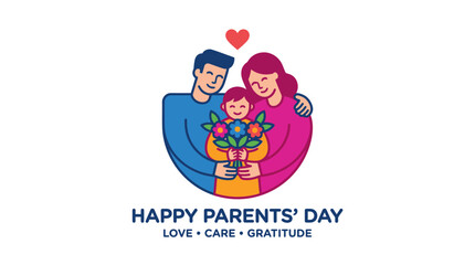 Fototapeta premium Happy Parents Day illustration with a loving family embracing and a child holding flowers.