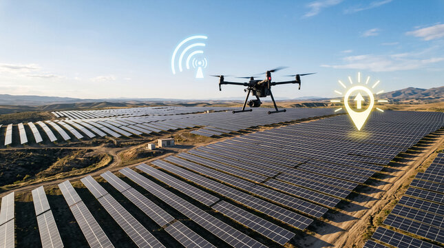 Drone monitors large solar farm for energy production and maintenance