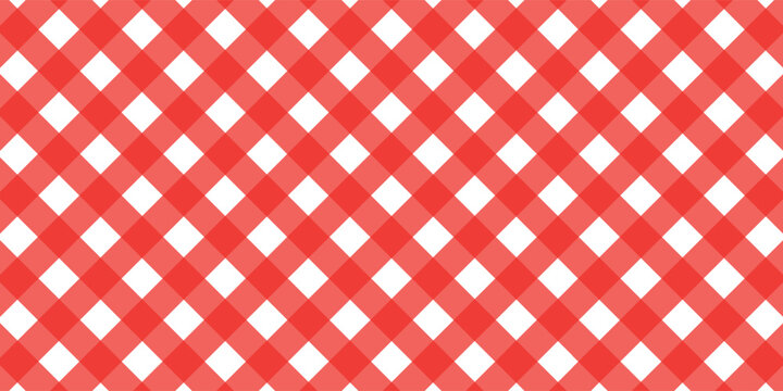 Classic red and white diagonal gingham plaid pattern background. Vector illustration