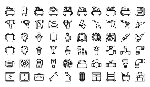 Industrial Air Compressor and Pneumatic Tools Icon Set with Pressure Tanks Hoses Spray Paint Guns Hardware and Garage Mechanical Equipment Line Art Outline Symbols