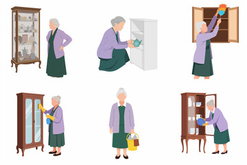 Fototapeta premium Senior woman cleaning and organizing cabinets flat vector character set