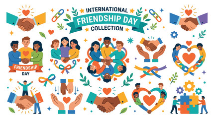 Fototapeta premium International Friendship Day collection with diverse groups of friends and symbolic gestures of unity and support.