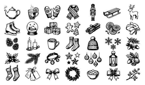 Hand Drawn Cozy Winter Elements Vintage Crayon Vector Set