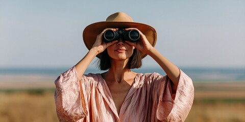 Obraz premium Woman with binoculars at the beach looking out to sea for coastal exploration and seaside observation background for travel banner and adventure design