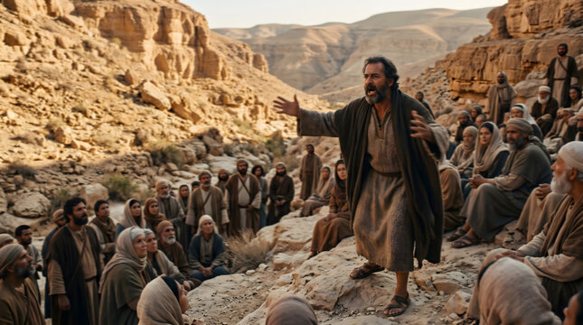 A man preaching with impassioned gestures to a crowd in ancient biblical times, delivering an apostolic message in the Judean desert. Cinematic 1-1
