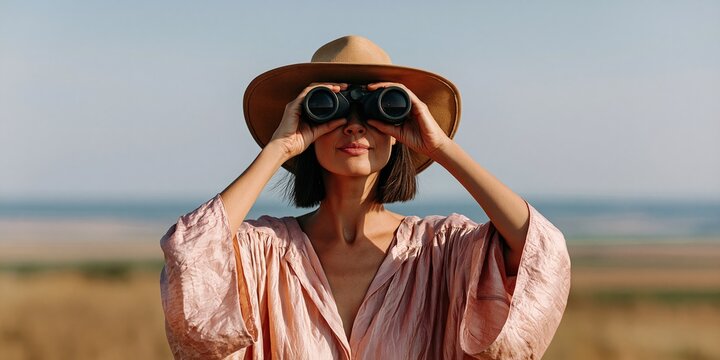 Woman with binoculars at the beach looking out to sea for coastal exploration and seaside observation background for travel banner and adventure design