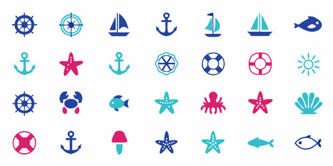Nautical Icons Set Flat Blue And Teal Colored Pictograms On White Background © Shuvra Majumder