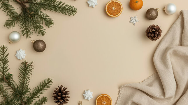 Minimal Christmas flat lay with evergreen branch, pinecone, dried orange, ornaments evoking cozy