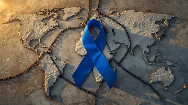 Global Awareness Concept With Blue Ribbon And Broken Chains On World Map