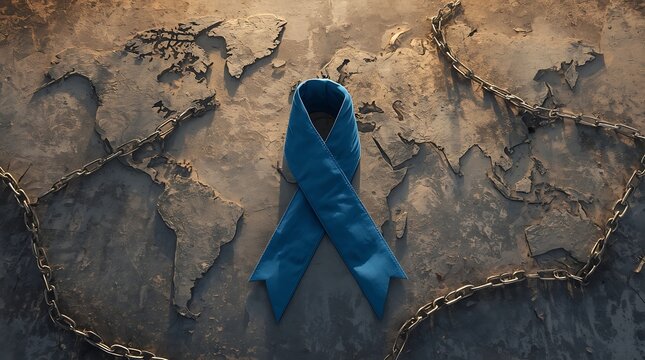 Cinematic HDR Blue Awareness Ribbon Symbolizing Freedom From Human Trafficking