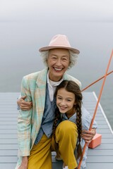 Fototapeta premium Elderly grandmother and granddaughter smiling together on a dock with a fishing rod for family portrait and lifestyle banner