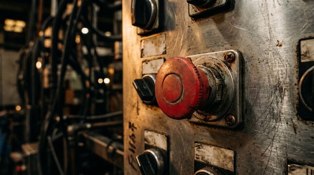 Close-up of industrial control panel with red stop button and black switches