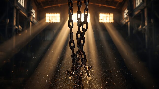 Realistic Industrial Warehouse With Broken Chains And Sunlight Symbolizing Freedom