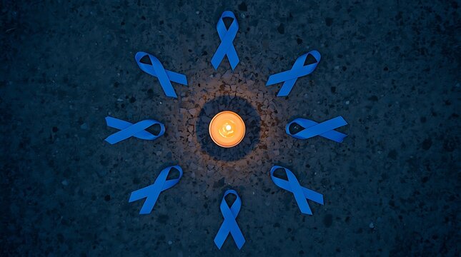 Realistic Top Down Composition Featuring Blue Ribbons And Glowing Candle