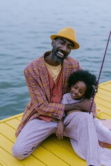 Fototapeta premium Father and daughter sitting on yellow dock by the water smiling for family lifestyle background and banner design