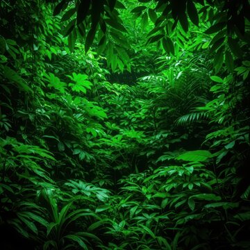 A dense, lush canopy of tropical foliage covering the humid jungle floor, creating natural layers of vibrant green texture and deep shadows, foliage, moss, lush