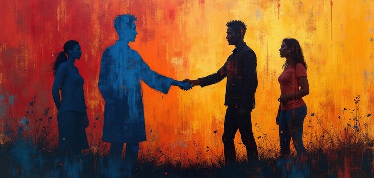 Diverse group people silhouettes stand against abstract orange background. Two individuals shake hands in center others observe. Artistic illustration represents equality inclusion cooperation