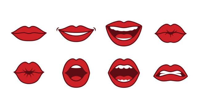 Minimalist vector illustration set of eight diverse red lip expressions including smiling kissing laughing surprised and angry mouth shapes isolated on a white background for design