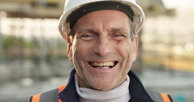 Smile, man and face of construction worker on site with confidence for building infrastructure. Happy, about us and portrait of mature civil engineer with pride for maintenance, repairs or renovation