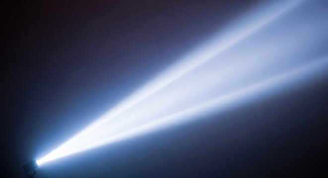 A powerful searchlight beam cuts through the dense nocturnal sky, casting a brilliant white radiance into the dark and foggy atmosphere, nocturnal, device, sweep