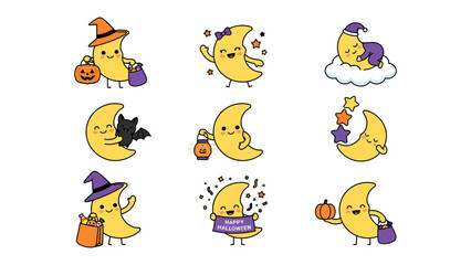 Obraz premium Halloween Moon Collection: A delightful collection of charming crescent moon characters celebrating Halloween with costumes, trick-or-treating, and festive accessories.